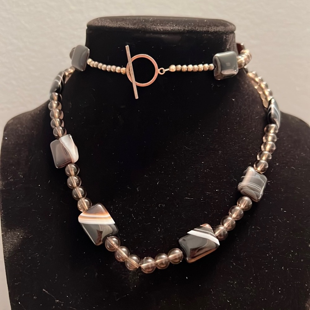 Vintage Banded Agate and Smokey Quartz bead necklace 925 Sterling Silver Toggle